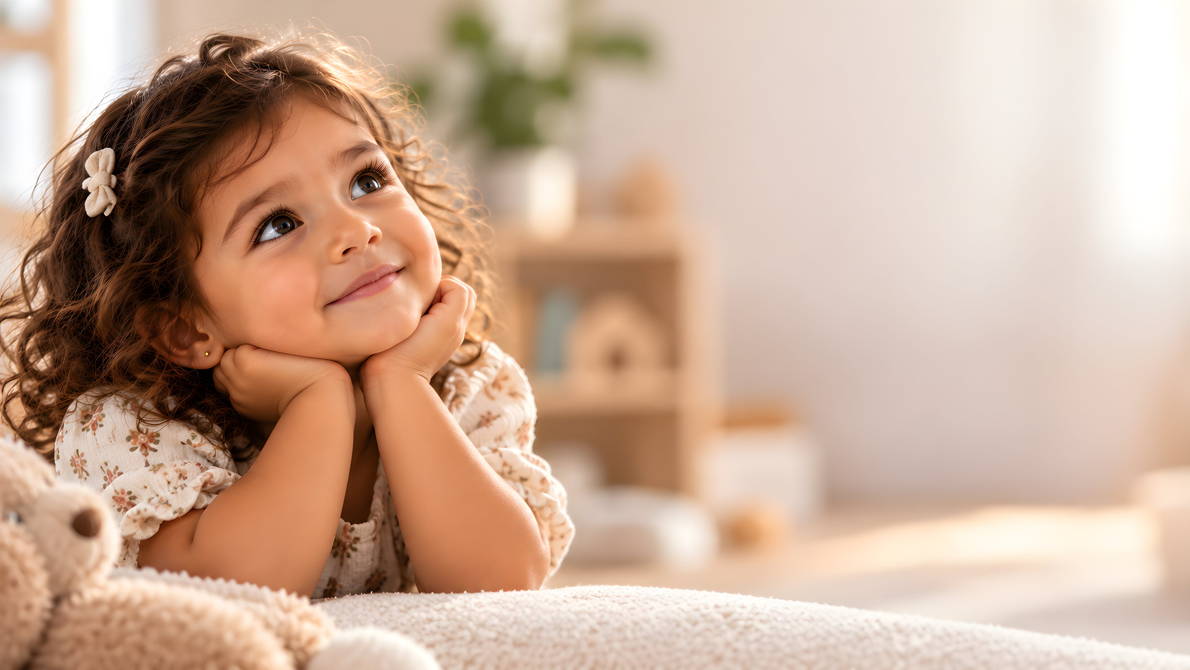 Menina sorrindo, apoiada nas mãos, olhando para cima