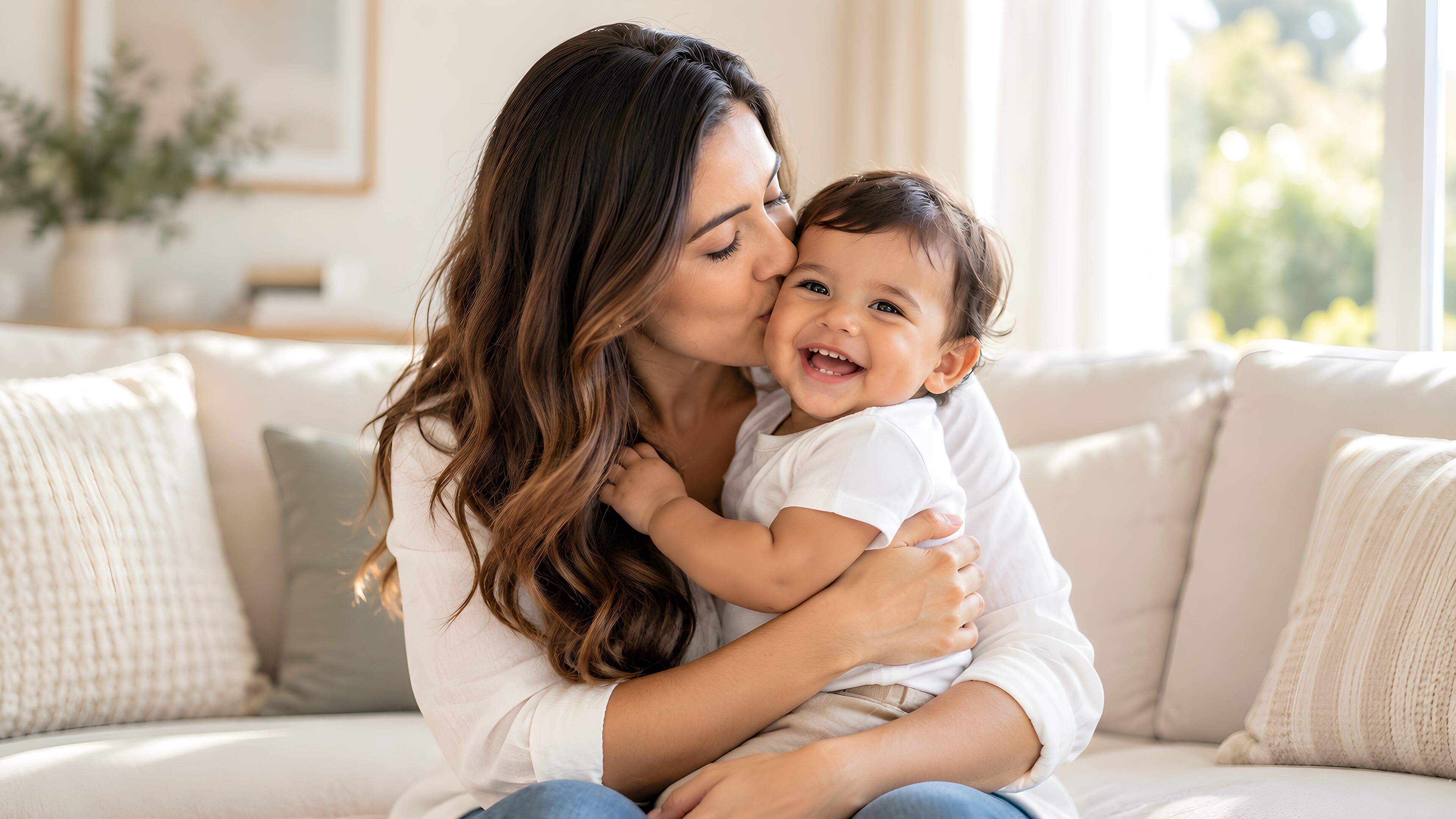 Mãe sorrindo e abraçando o filho pequeno no colo, em casa