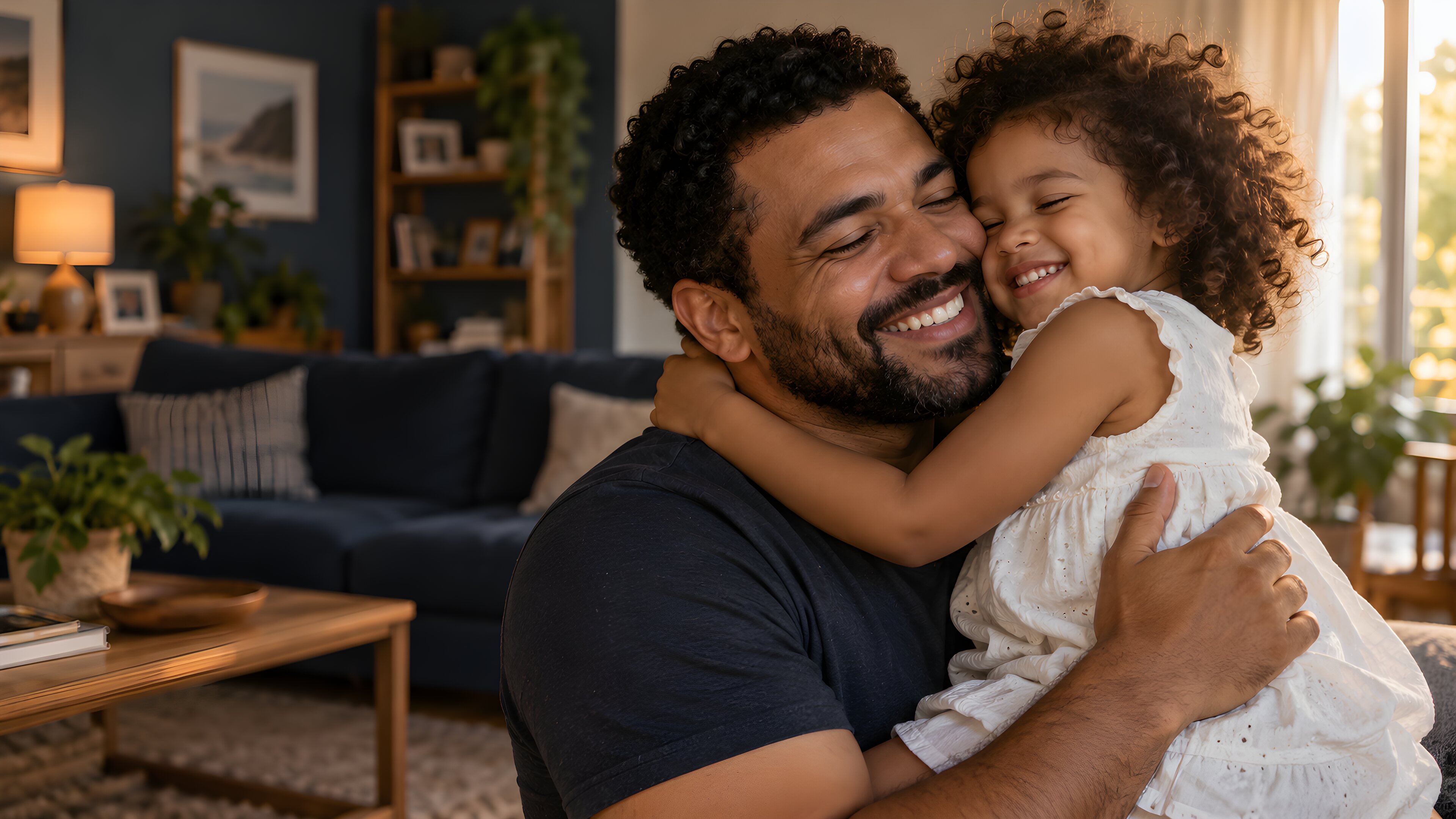 Pai sorrindo enquanto a filha pequena o abraça pelo pescoço