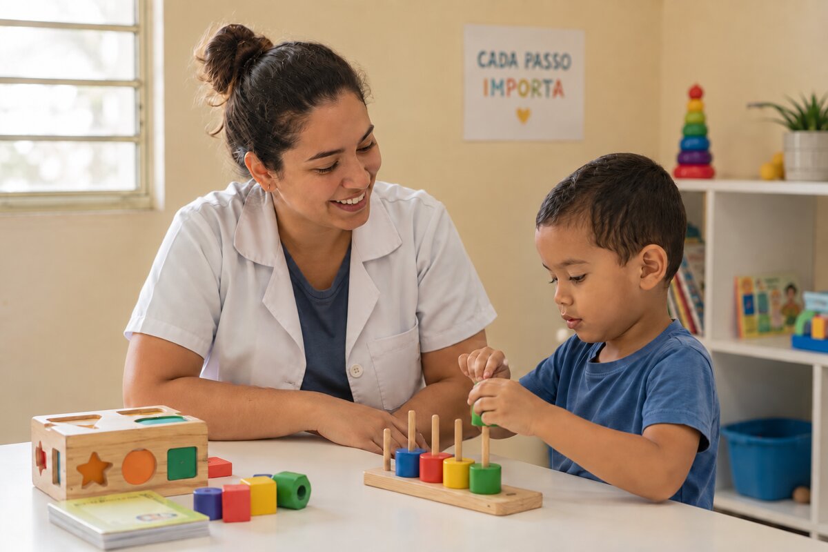 Profissional de saúde brincando com um jogo de encaixe ao lado de um menino pequeno, em consultório colorido e acolhedor